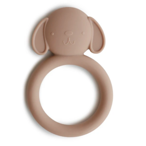 Beige siliconen bijtring in de vorm van een hond