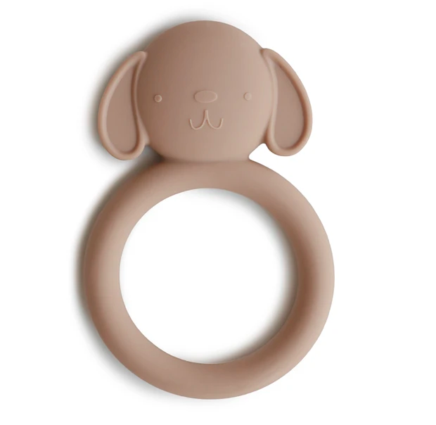 Beige siliconen bijtring in de vorm van een hond