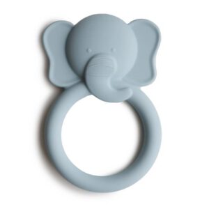 Blauwe siliconen bijtring in de vorm van een olifant
