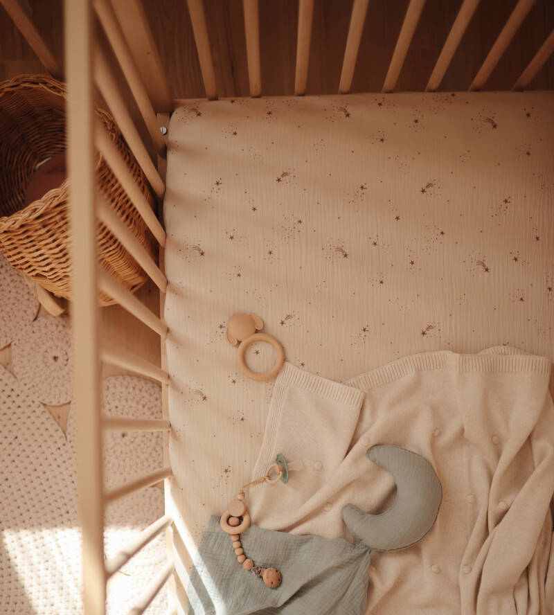 Beige hond-bijtring in een babybedje